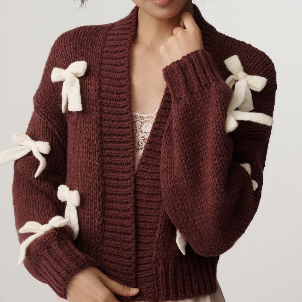 Anthropologie Burgundy Chunky Knit Cardigan with Cream Bow Details